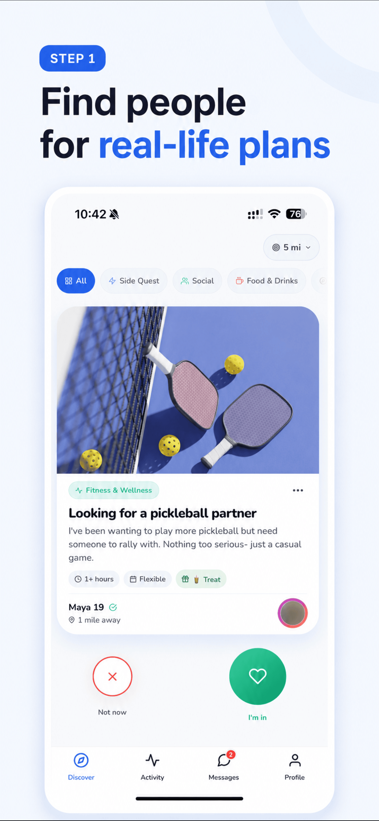 Kind Quests app — swipe and send an offer to join a quest