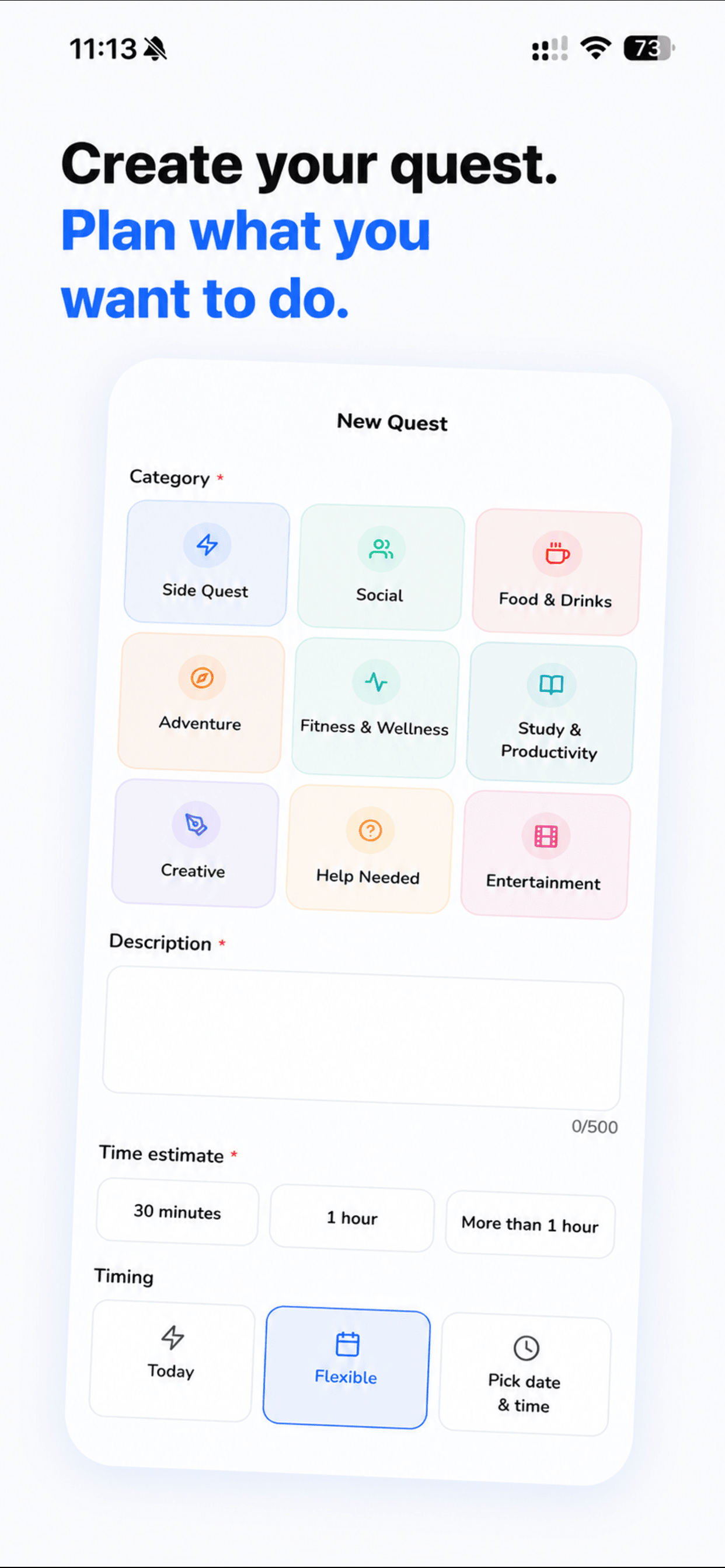 Kind Quests app — create a quest and post your plan